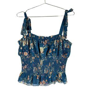 Natural Life Eloise Flora Crop Smocked Top M Teal NWT